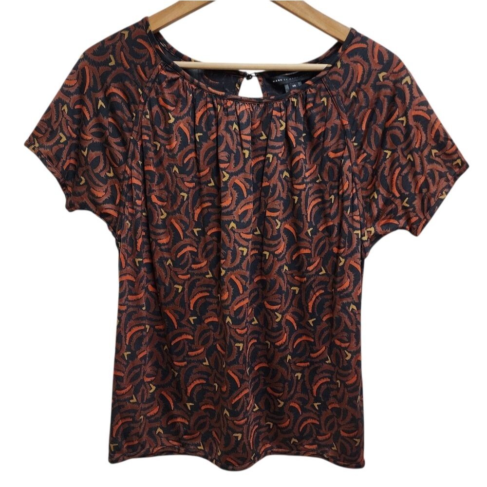 Marc by Marc Jacobs Womens XS Silk Black Orange Abstract Keyhole Short Slv Top
